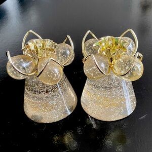 Vintage Lucite Acrylic Candle Sticks Holders Clear W/Gold Flecks Cone & Ball
